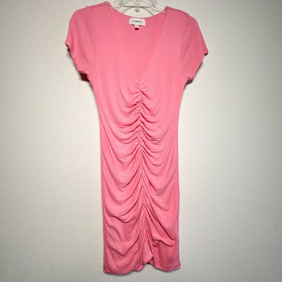 L Space Lani Pink Guava Ruched Mini Short Sleeve Stretch Dress Medium - Picture 2 of 9